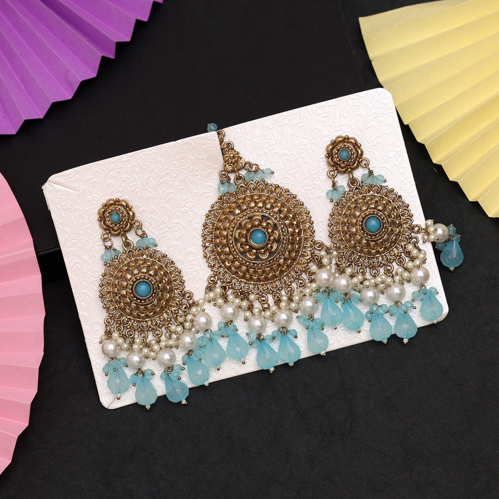 Firozi Color Earrings With Maang Tikka