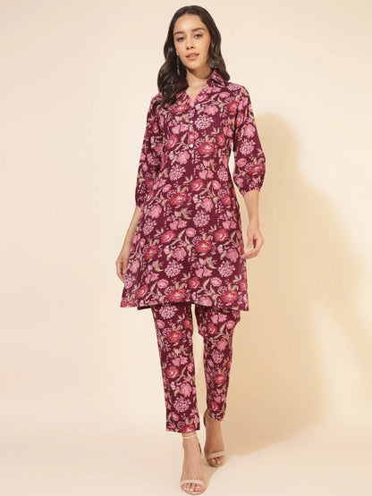 Purple Floral Cotton Kurta 2-Set (Top+Bottom)