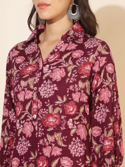 Purple Floral Cotton Kurta 2-Set (Top+Bottom)