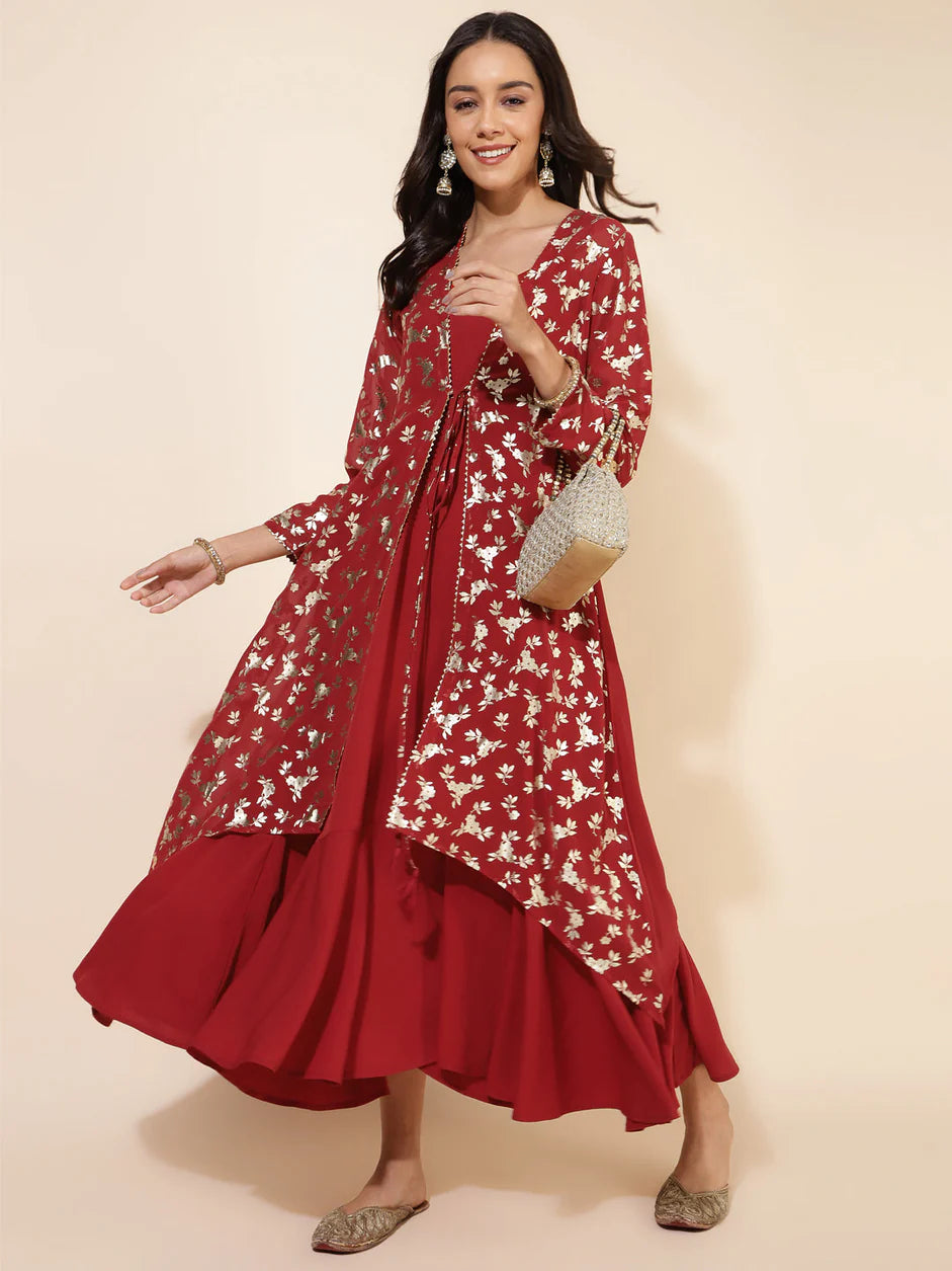 Red Georgette Gold-Foil Dress with Jacket