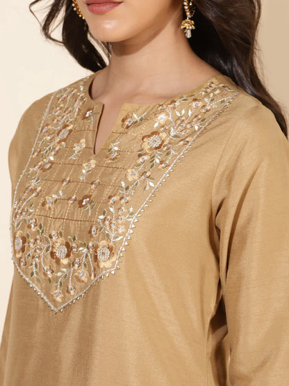 Gold Silk Embroidery Kurta 2-Set (Top+Bottom)