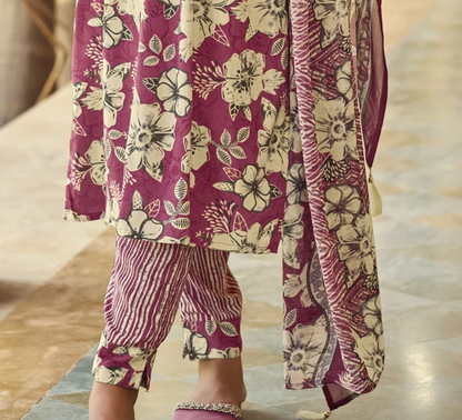 Peach Printed 3-Set Kurta with Embroidery (with Dupatta)