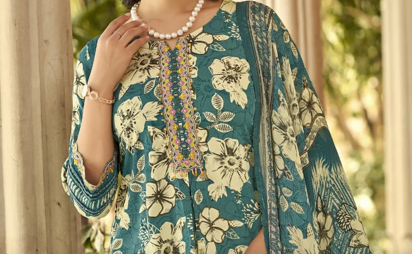 Floral Frost Blue Printed 3-Set Kurta with Embroidery (with Dupatta)