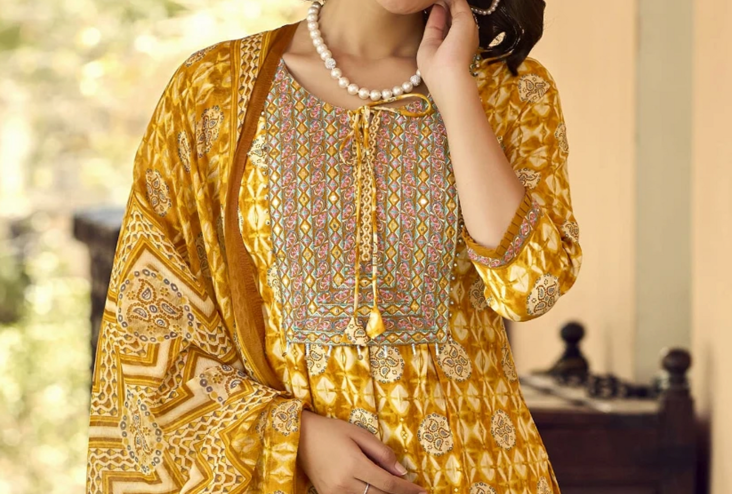 Yellow-Orange Printed 3-Set Kurta with Embroidery (with Dupatta)