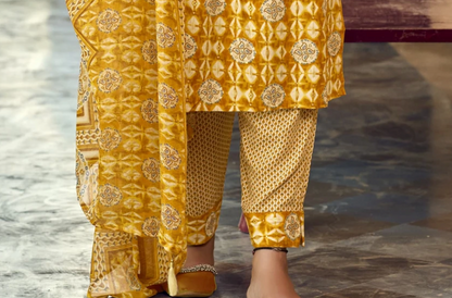 Yellow-Orange Printed 3-Set Kurta with Embroidery (with Dupatta)