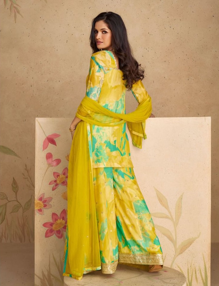 Turquoise Chinon Silk Salwar Suit (3-piece)