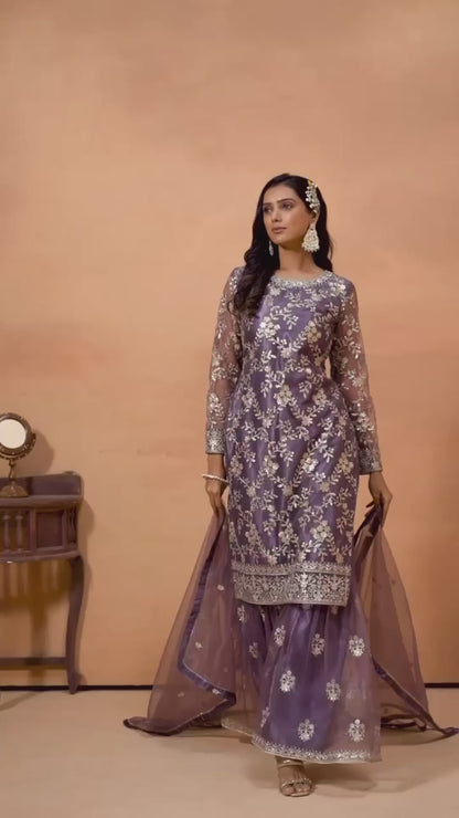 Premium Purple Net Salwar Kameez 3-Set