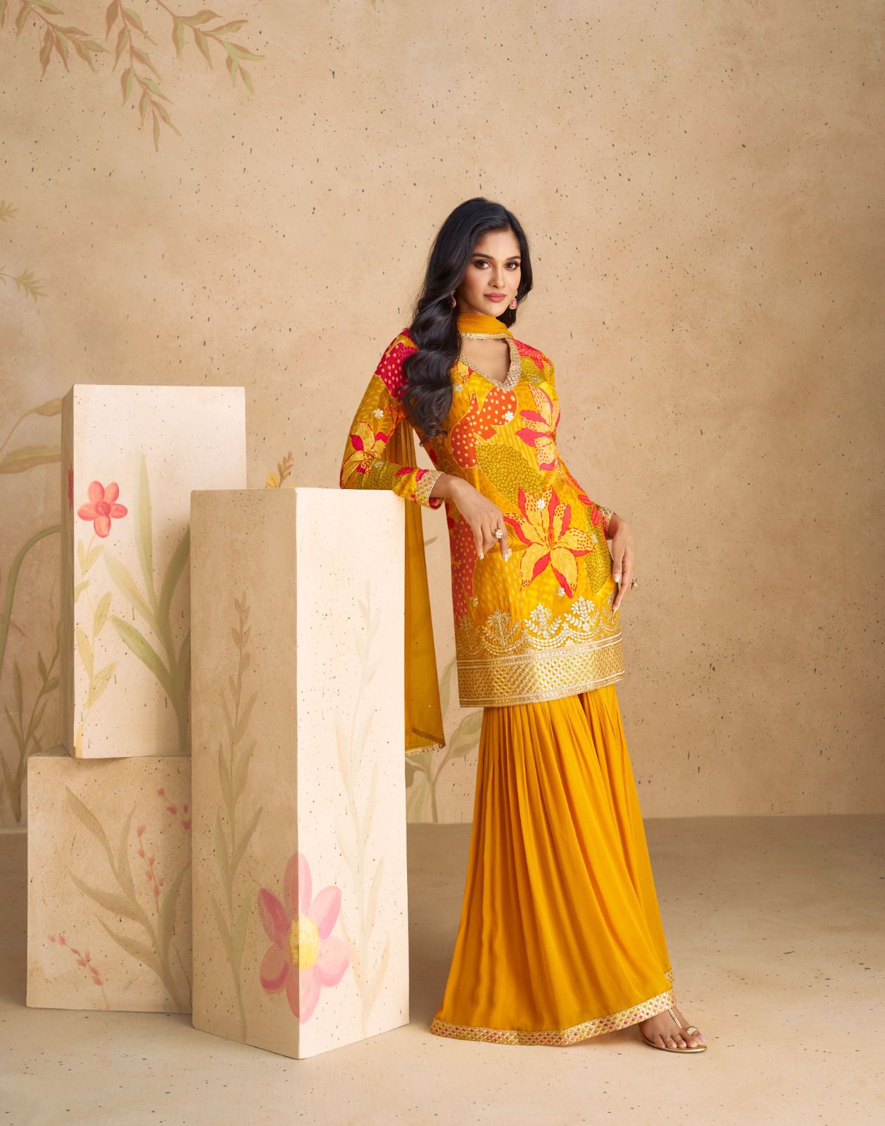 Premium Yellow Chinon Silk Salwar Suit (3- Piece)