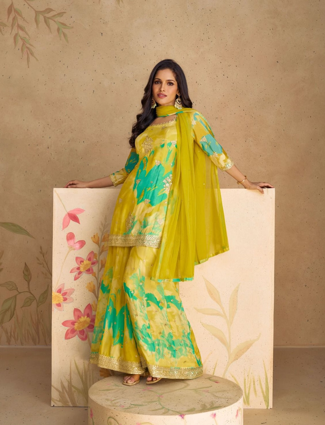 Turquoise Chinon Silk Salwar Suit (3-piece)